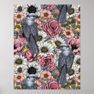 Grått jays och blommor poster