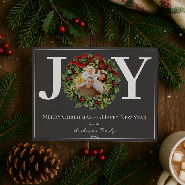 Grått Joy jul Utandningsfoto Julkort (Gray Joy Christmas Wreath Photo Holiday Card)