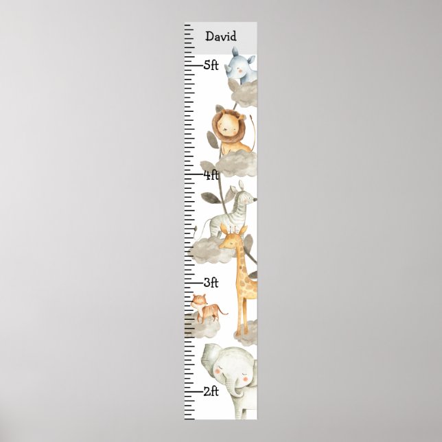 Grått Jungle Safari Animals Growth Chart Anpassnin Poster (Framsidan)