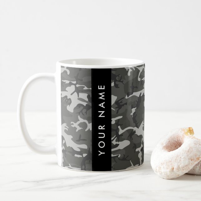 Grått kamouflage mönster, Ditt namn, Personalisera Kaffemugg (Med munk)