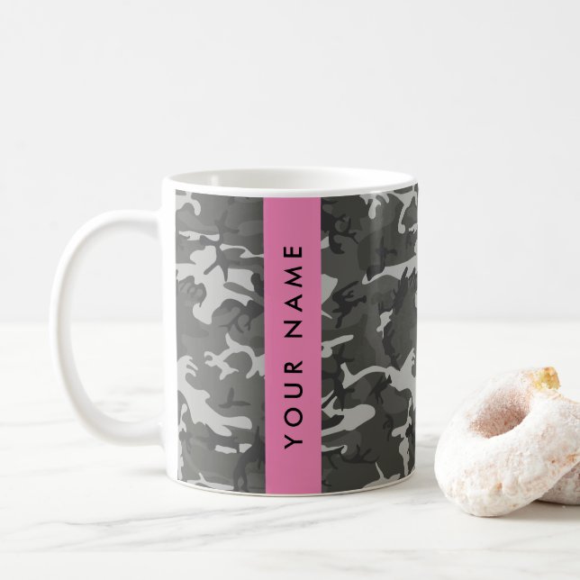 Grått kamouflage mönster, Ditt namn, Personlig Kaffemugg (Med munk)