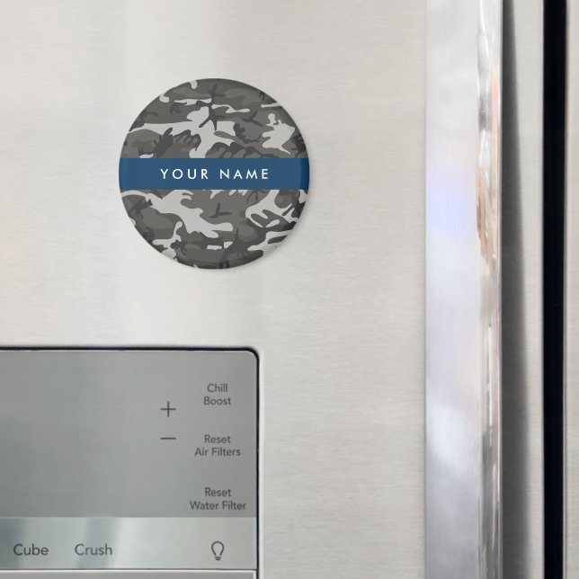 Grått kamouflage-mönster, Ditt namn, Personlig Magnet (In Situ (Fridge))