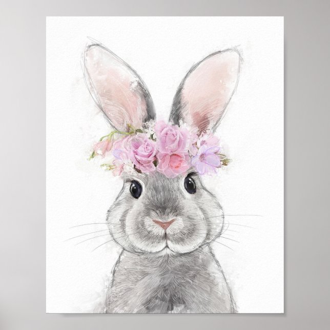 Grått-kanin med Flower Krona Porträtt Poster (Framsidan)