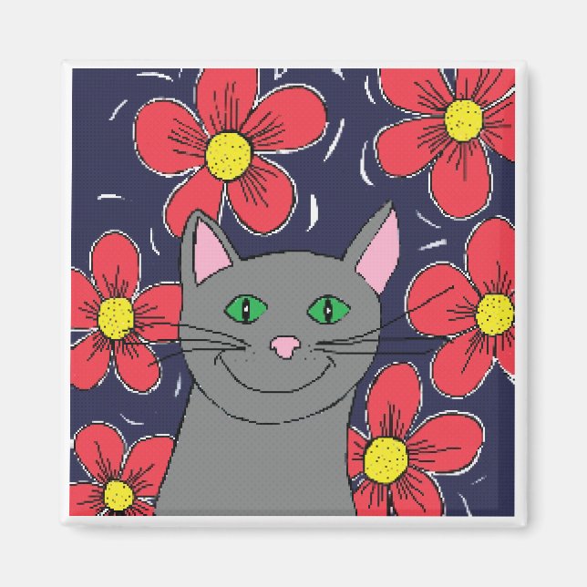 Grått-katt med blommor magnet (Framsidan)