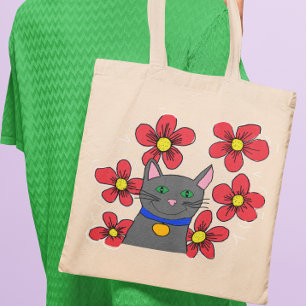 Grått-katt med blommor personanpassa sig med egen  tygkasse