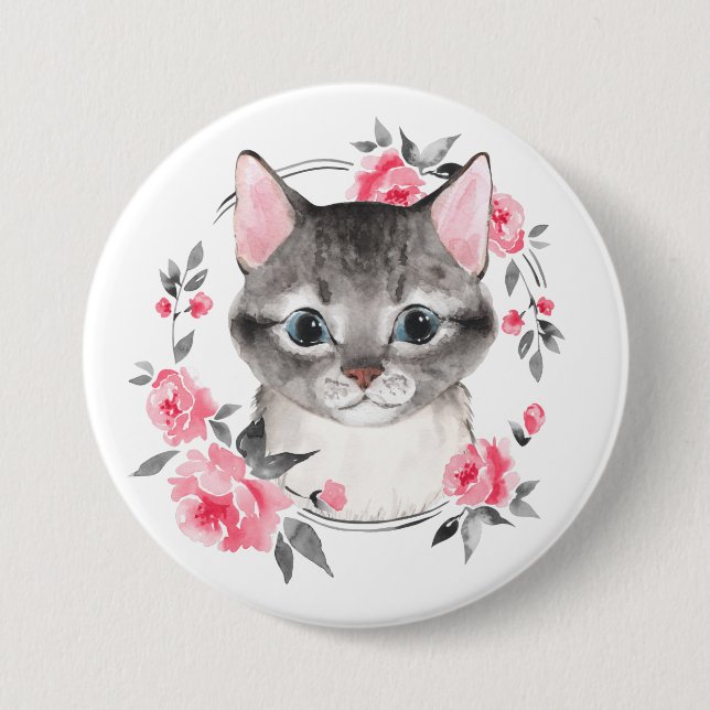 Grått-katt med blommor. Vattenfärg Knapp (Framsida)