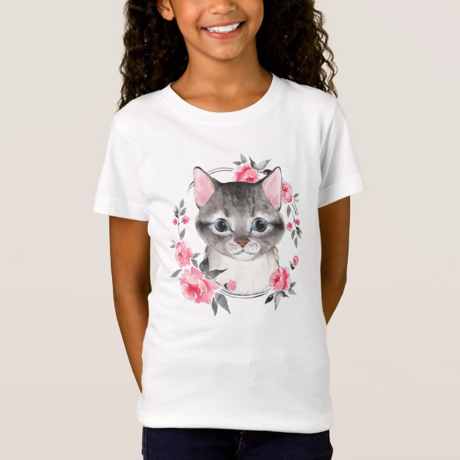 Grått-katt med blommor. Vattenfärg T Shirt (Framsida)