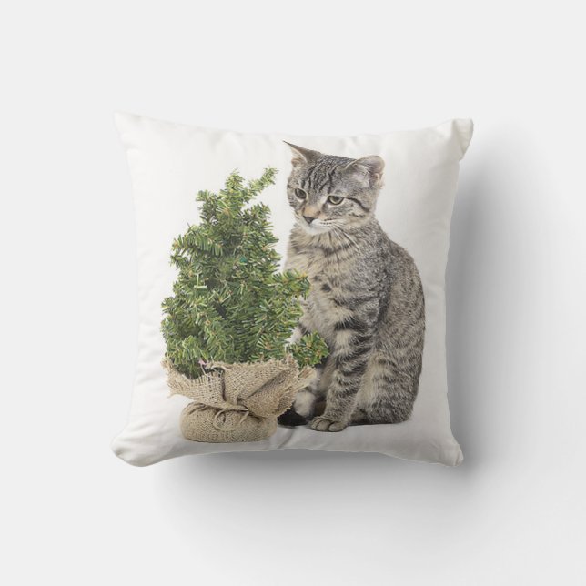Grått Kattunge Grönt Träd Kudde (Framsida)