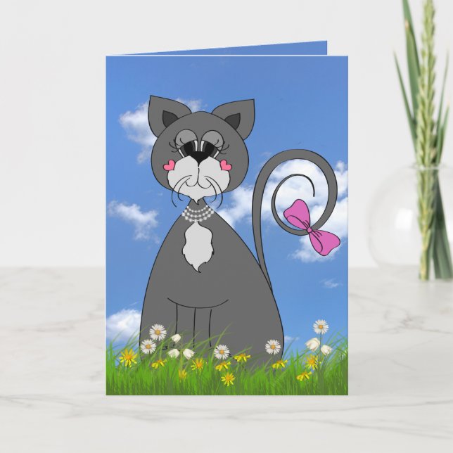 grått kattunge på gräsfödelsedag kort (Framsida)