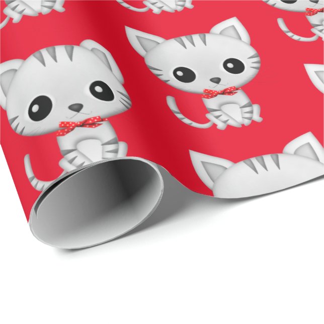 Grått kattunge på rött presentpapper (Rullad Hörn)