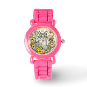 Grått Kattunge Sitta i Blommor Armbandsur