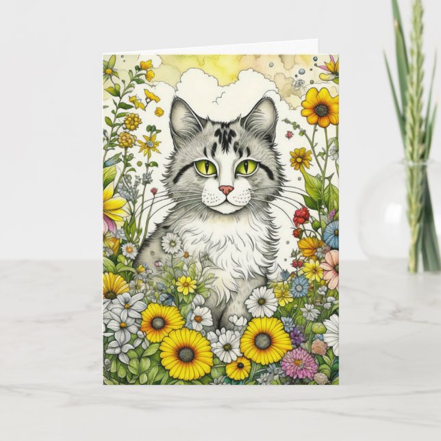 Grått Kattunge Sitta i Blommor Birthday Kort (Framsida)