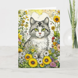 Grått Kattunge Sitta i Blommor Birthday Kort