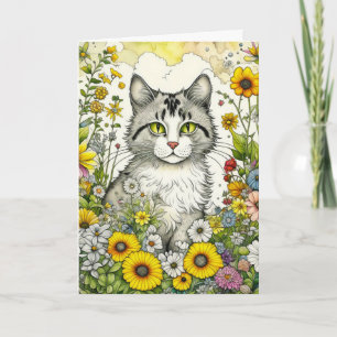 Grått Kattunge Sitta i Blommor Birthday Kort