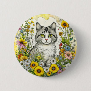 Grått Kattunge Sitta i Blommor Knapp