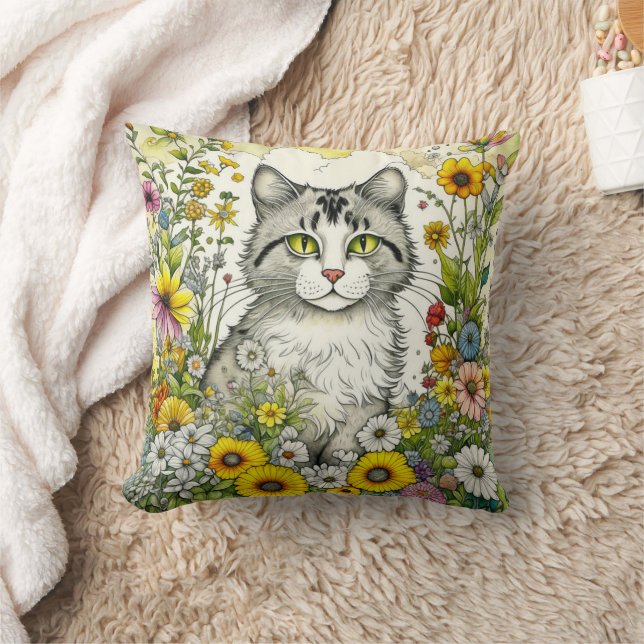 Grått Kattunge Sitta i Blommor Kudde (Filt)