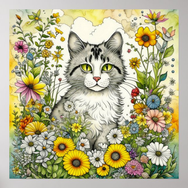 Grått Kattunge Sitta i Blommor Poster (Framsidan)