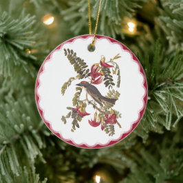 Grått Kingbird i Rosa Blommar Hummingbird Träd Julgransprydnad Keramik