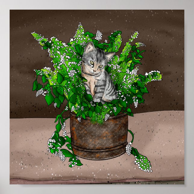 Grått Kitten i Catnip-bucket Poster (Framsidan)