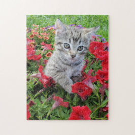 Grått Kitten i Flowers Pussel