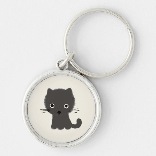 Grått Kitten Rund Silverfärgad Nyckelring (Framsidan)