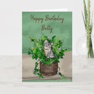 Grått Kitten sitta i en prick av Catnip Birthday Kort