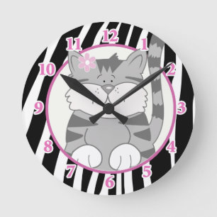 Grått Kitten Wall Clock med Zebra Rand Rund Klocka