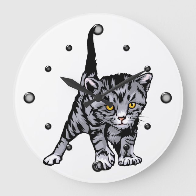Grått Kitten Wall Clock Stor Klocka (Framsida)