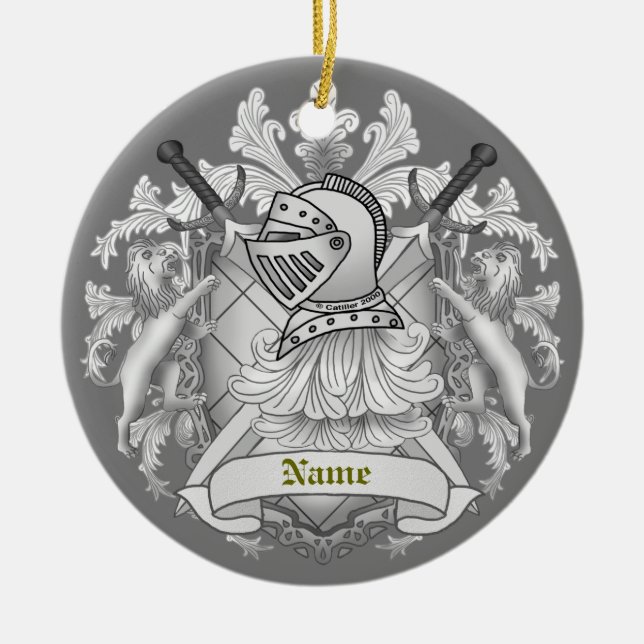 Grått Knight Family Crest Surname-ornament Julgransprydnad Keramik (Framsidan)