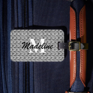 Grått Knitten Luggage Tag + Namn, Monogram Bagagebricka