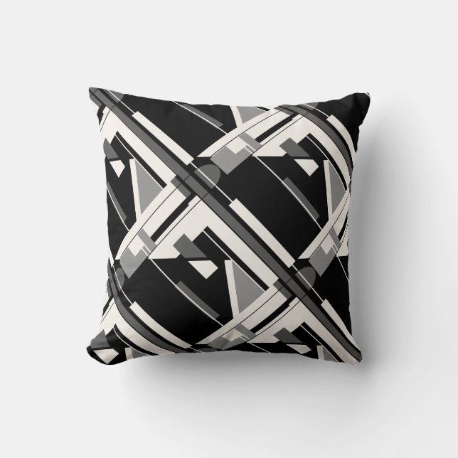 Grått-kolsvart, vit diagonal geometrisk motif kudde (Framsida)