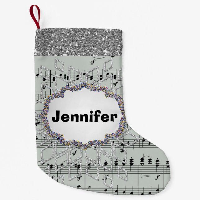 Grått Lakan Music Silver Snowflake Faux Glitter Liten Julstrumpa (Framsidan)