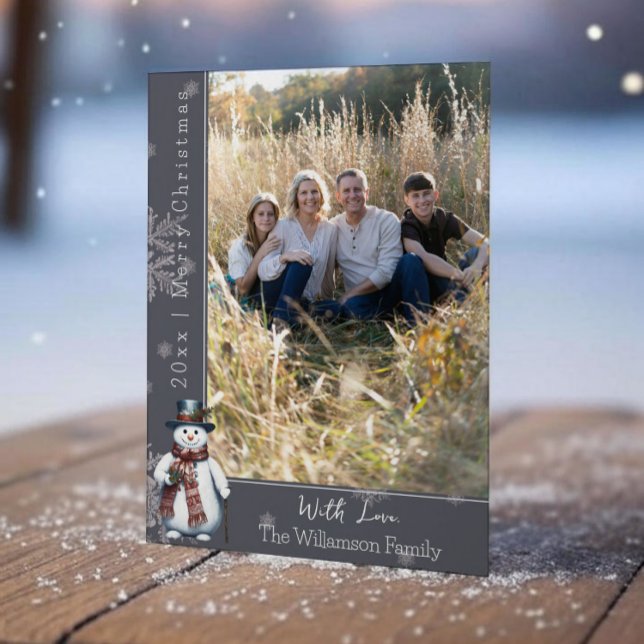 Grått-leende Snögubbe-fotokort för Helgdag Julkort (Gray Smiling Snowman Holiday Photo Card)