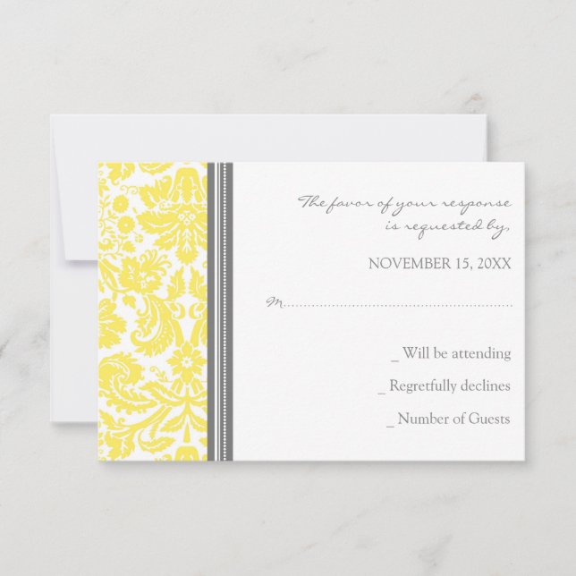 Grått Lemon Damask OSA Bröllop Card (Framsida)