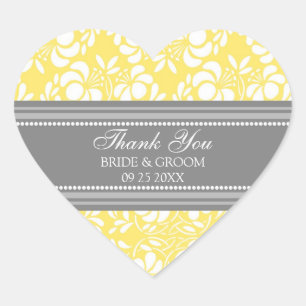 Grått Lemon Damask Tack Wedding Favor Märkre Hjärtformat Klistermärke