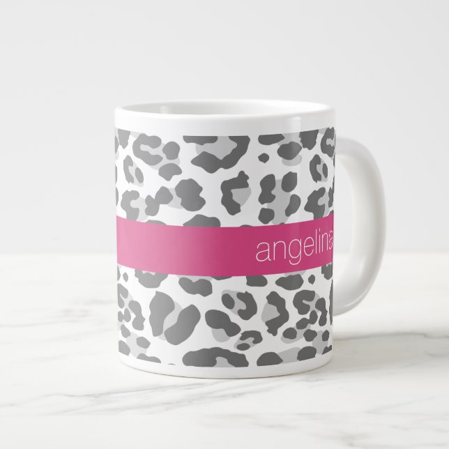 Grått Leopard Skriv ut Mönster med Rosa Namn Jumbo Mugg (Framsida höger)