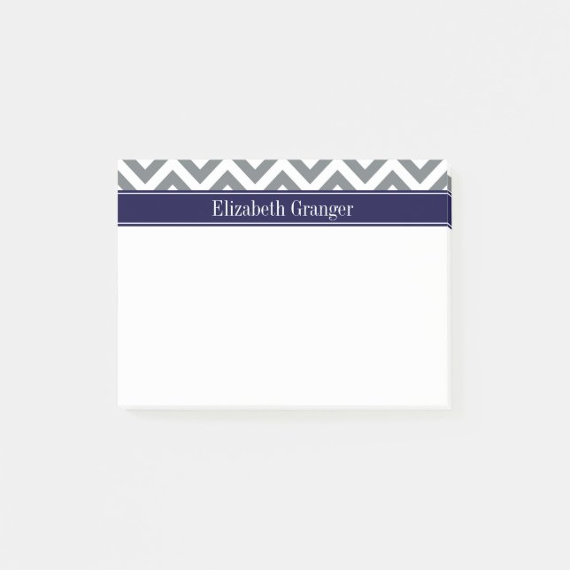Grått Lg Chevron Navy Blue Namn Monogram Post-it Block (Framsida)