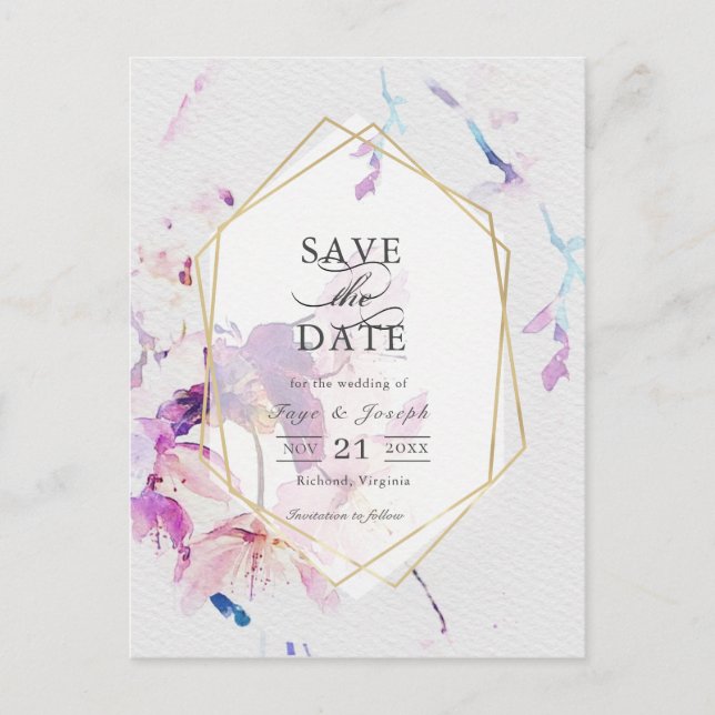 Grått & Lila Akvarell Blommig Spara Datum Meddelande Vykort (Framsida)