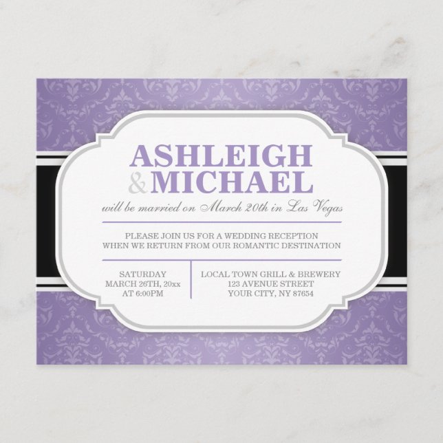 Grått & Lila Damast Bröllopsfest ENDAST OSA Kort (Framsida)