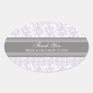 Grått Lilac Damask Tack Wedding Favor Märkre Ovalt Klistermärke