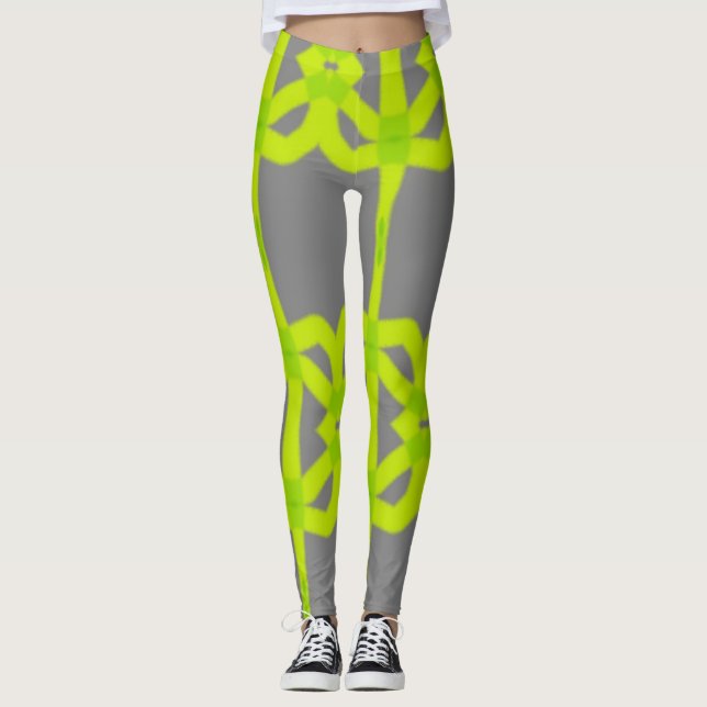 Grått Lime Green Abstrakt Stretch Byxor Leggings (Framsida)
