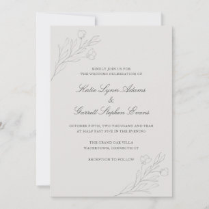 Grått Line Art Flowers Elegant bröllop Inbjudningar