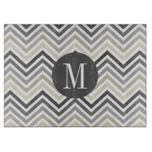 Grått & Linen Beige Chevron Mönster med Monogram