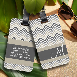 Grått & Linen Beige Chevron Mönster med Monogram Bagagebricka