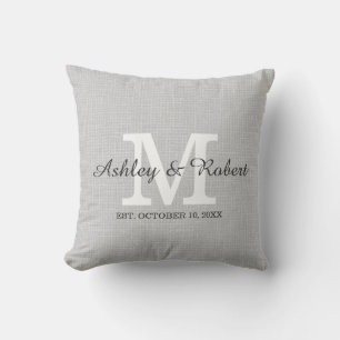 Grått Linen Coal White Monogram Bröllop Keepsaké Kudde