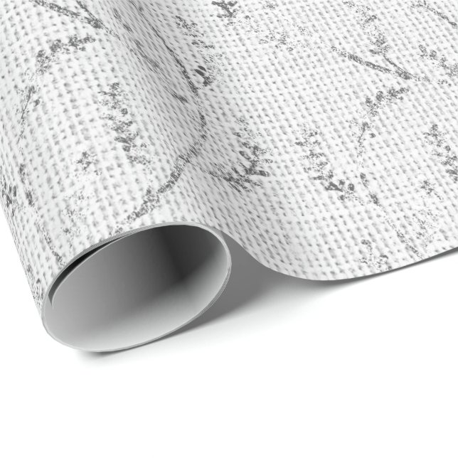 Grått Linen Silver White Sparkly Blommigt Laurel Presentpapper (Rullad Hörn)