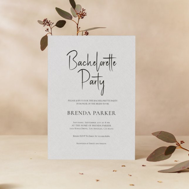 Grått Linen Simple Black Script Bachelorette Party Inbjudningar (Skapare uppladdad)