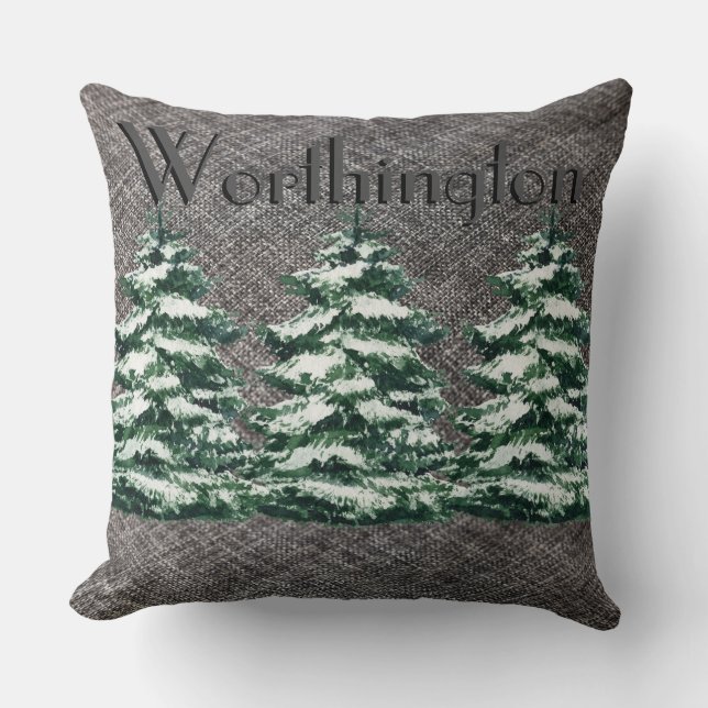 Grått Linen Snowy Evergreen Träd Namn Dekorativ ku Kudde (Framsida)