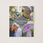 Grått lodrät 4 Family Photo Collage Pussel<br><div class="desc">Anpassa det här pusslet med familjefotografier, inkludera ditt favoritfoto av barnen, mor- och farföräldrar, föräldrar, husdjur osv. Upp till 4 bilder att ersätta. Ändra alla foton och familjens efternamn. Gör en underbar gåva till familjetid. En grått-etikett, ram, designdetaljer på mitten. *Du får inte tveka att kontakta mig om du behöver...</div>
