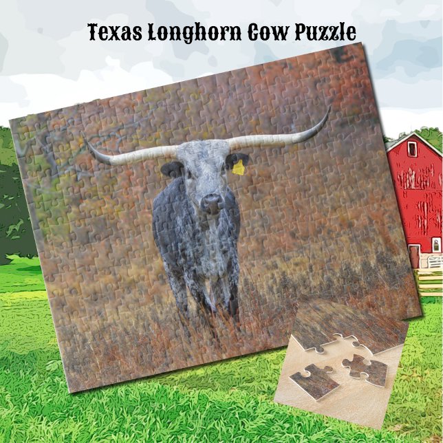 Grått Longhorn Spoted Cow Puzzle Pussel (Pretty Gray Texas Longhorn Cow Puzzle)